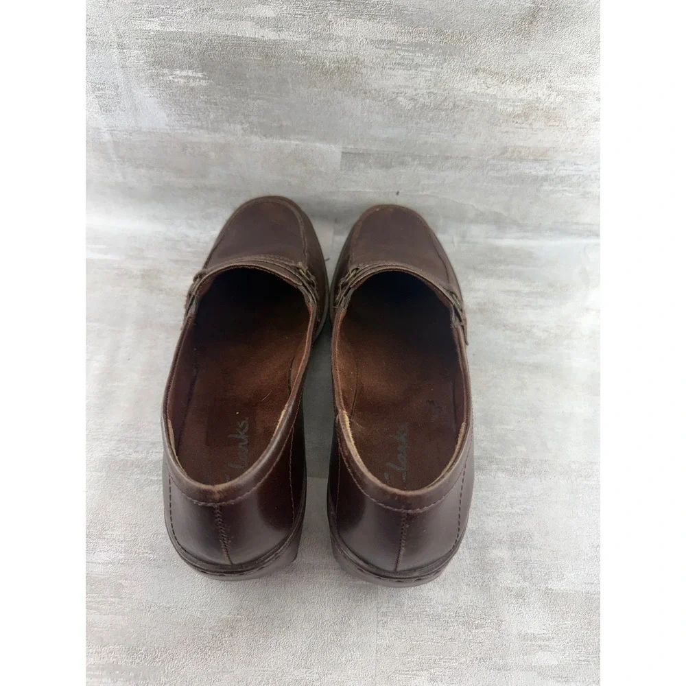 Clarks Women Brown Leather Block Heel Loafers Square Moc Toe 79474 Size 9.5M